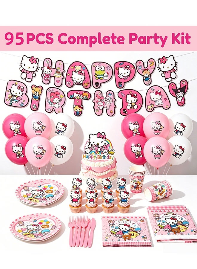 Hello Kitty 79Pcs Sanrio Characters Birthday Party Supplies Set for 10 Guests,Hello Kitty and Friends Pink Theme Decorations with Tableware Plates Cups Napkins Banner Cake Toppers Balloons Tablecloth for Kids Birthday Baby Shower - Image 2