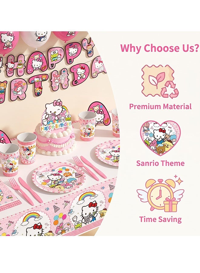 Hello Kitty 79Pcs Sanrio Characters Birthday Party Supplies Set for 10 Guests,Hello Kitty and Friends Pink Theme Decorations with Tableware Plates Cups Napkins Banner Cake Toppers Balloons Tablecloth for Kids Birthday Baby Shower - Image 4