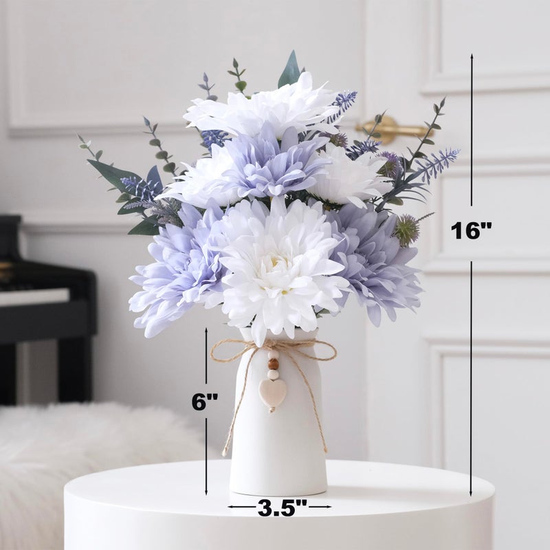 hopeme 16" Artificial Flowers with Eucalyptus Stems and Greenery, Faux Dahlia Flower Arrangement in White Ceramic Vase with Heart Charm DÃ©cor, Rustic Farmhouse Table Centerpiece for Home, Kitchen & Office - Image 2