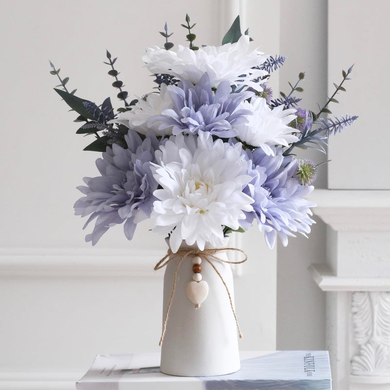hopeme 16" Artificial Flowers with Eucalyptus Stems and Greenery, Faux Dahlia Flower Arrangement in White Ceramic Vase with Heart Charm DÃ©cor, Rustic Farmhouse Table Centerpiece for Home, Kitchen & Office - Image 1
