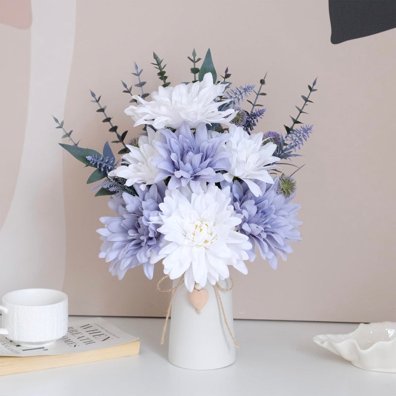 hopeme 16" Artificial Flowers with Eucalyptus Stems and Greenery, Faux Dahlia Flower Arrangement in White Ceramic Vase with Heart Charm DÃ©cor, Rustic Farmhouse Table Centerpiece for Home, Kitchen & Office - Image 3