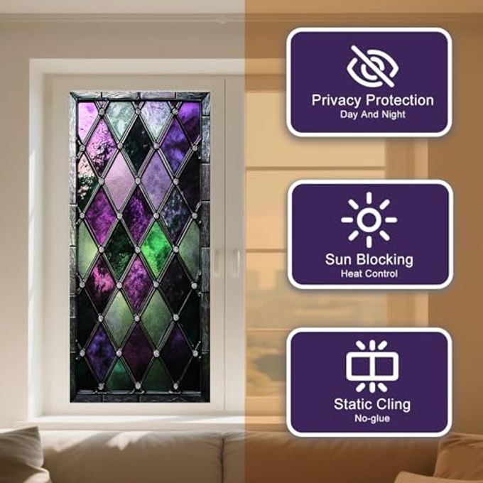 IVN Privacy Window Film Stained Glass Window Cling Purple and Green Diamond Design Decorative Static Cling Window Sticker for Bathroom Kitchen Entry Door 17.7 x 39.3 Inch - Image 5