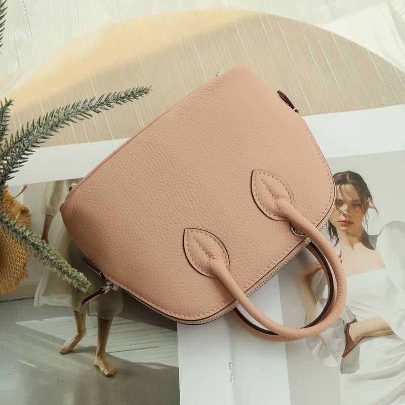Womens Mini Bowling Bag Genuine Leather Crossbody Nude powder