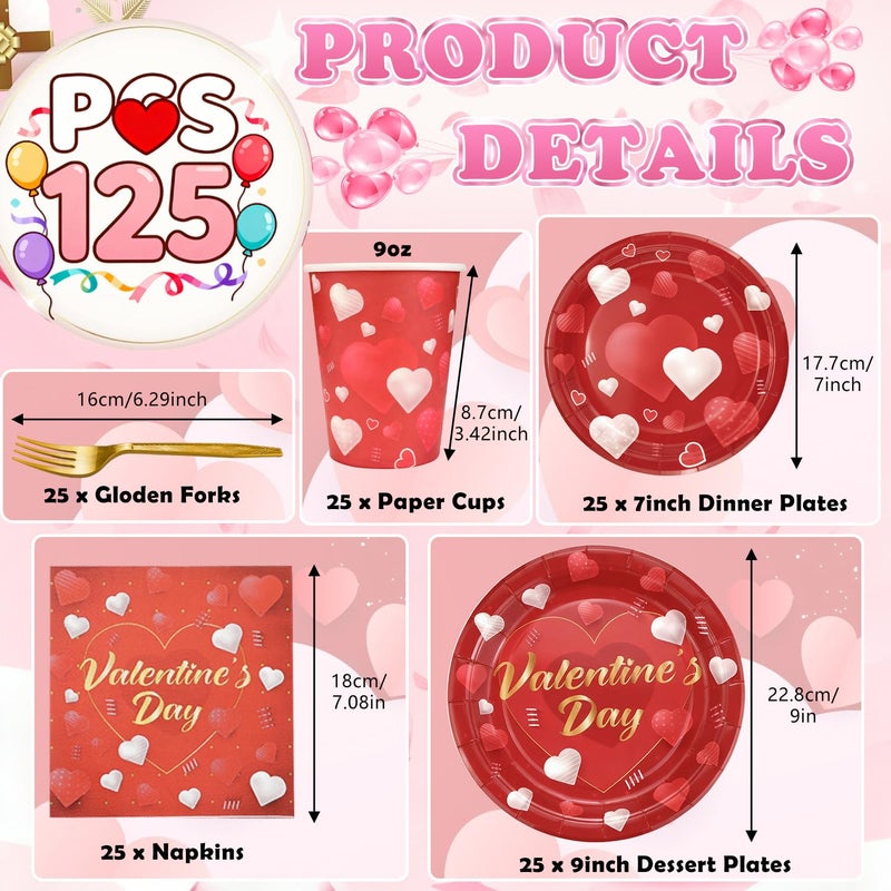 ANSEE 125PCS Valentine's Day Plates and Napkins Set, 9 inches Happy Valentines & 7 inches Heart Paper Plate Napkins Cups Forks for Valentines Day Party Decorations, Serve for 25 Guests - Image 4