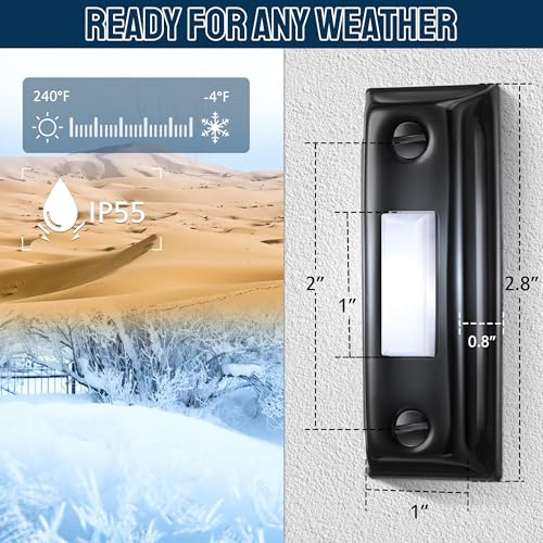 Dreyoo Metal Doorbell Push Button, Heavy Duty Metal Door Bell Wired Button LED Lighted Wall Mounted Door Bell Push Buttons for Home Universal Garage Opener Switch Property in Copyright(Black) - Image 2