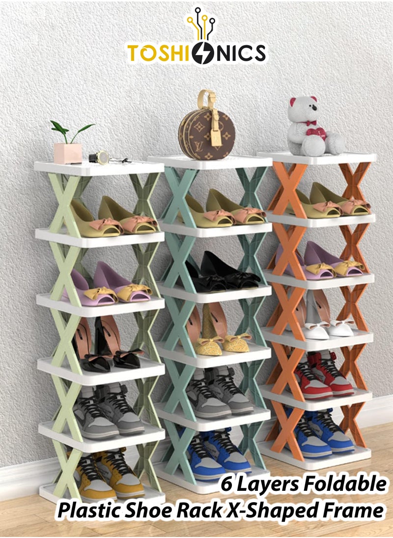 Toshionics 6 Layer Foldable Plastic Shoe Rack X-Shaped Shoe Frame Stackable Lightweight Portable Space-Saving Shoe Storage Stand Organizer Cabinet Storage for Small Space  Living Room Entryway Closet Hallway Corner Rack  - Image 1