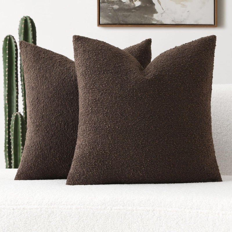 FUTEI Pack of 2 Dark Coffee Decorative Throw Pillow Covers 18x18 Inch Soft Cozy Solid Boucle Textured Cushion CaseModern Home Decor for Couch Bed Living Room