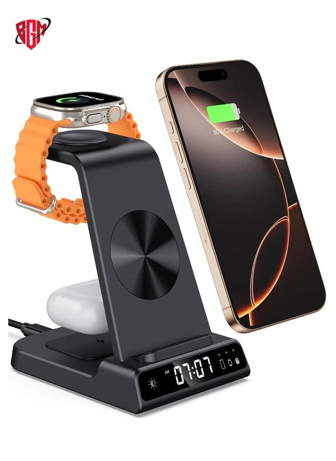 BGM - Wireless Charger for iPhone, 3 in 1 Wireless Charging Station with Clock compatible with iPhone 15/14/13/12/Pro/Pro Max, Wireless Charging Station for iwatch 8/7/6/5/4/3 and Ear Pods Pro/3/2 - Image 1