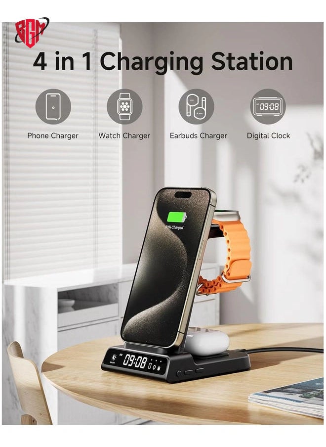 BGM - Wireless Charger for iPhone, 3 in 1 Wireless Charging Station with Clock compatible with iPhone 15/14/13/12/Pro/Pro Max, Wireless Charging Station for iwatch 8/7/6/5/4/3 and Ear Pods Pro/3/2 - Image 1