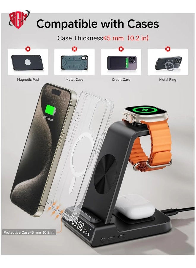BGM - Wireless Charger for iPhone, 3 in 1 Wireless Charging Station with Clock compatible with iPhone 15/14/13/12/Pro/Pro Max, Wireless Charging Station for iwatch 8/7/6/5/4/3 and Ear Pods Pro/3/2 - Image 1