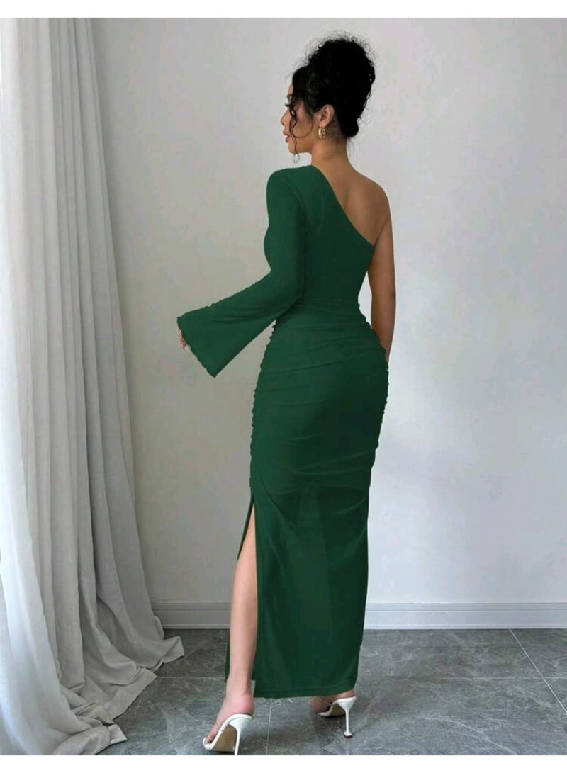 SHEIN Solid Color Asymmetrical Neckline Long Flare Sleeve Pleated Side Slit Dress Maxi - Image 2
