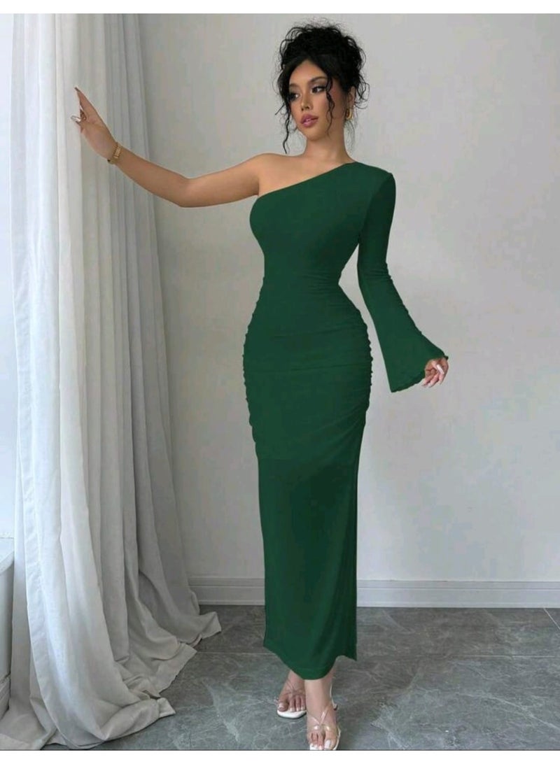 SHEIN Solid Color Asymmetrical Neckline Long Flare Sleeve Pleated Side Slit Dress Maxi - Image 3