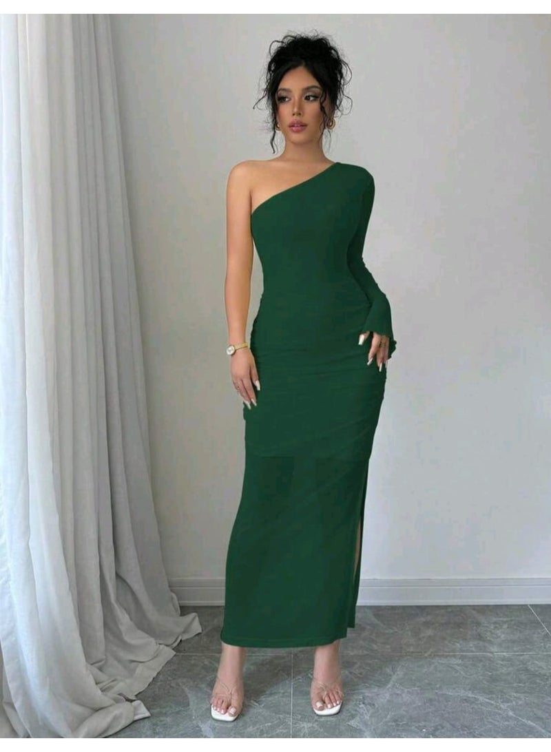 SHEIN Solid Color Asymmetrical Neckline Long Flare Sleeve Pleated Side Slit Dress Maxi - Image 4