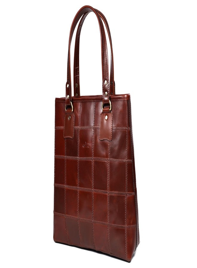 Celtic Genuine Leather Brown Tote Bag with Check Panel Design and Top Zip Closure - Image 4