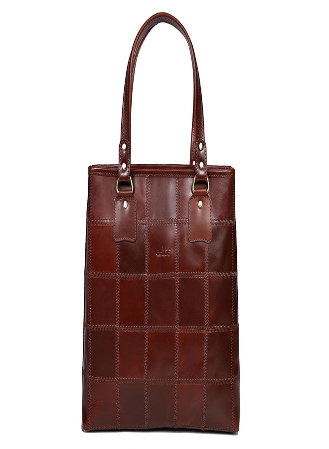 Celtic Genuine Leather Brown Tote Bag with Check Panel Design and Top Zip Closure - Image 1