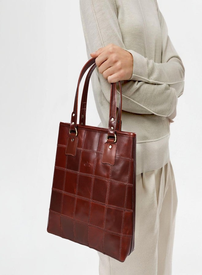Celtic Genuine Leather Brown Tote Bag with Check Panel Design and Top Zip Closure - Image 2