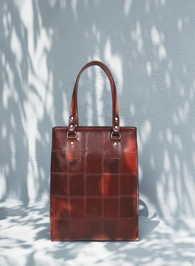 Celtic Genuine Leather Brown Tote Bag with Check Panel Design and Top Zip Closure - Image 3