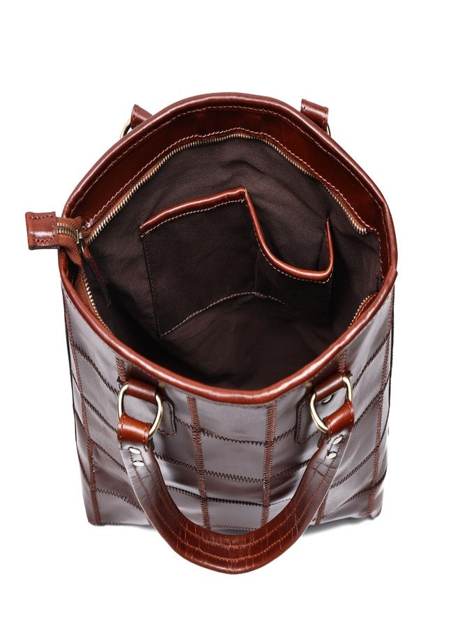 Celtic Genuine Leather Brown Tote Bag with Check Panel Design and Top Zip Closure - Image 5