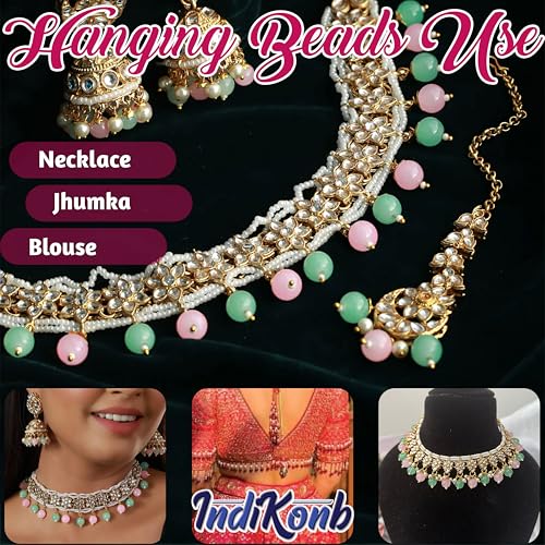 INDIKONB Round Glass Pearl Hanging Beads | Multicolour 8mm Moti Lariya Beads for Blouse Hangings, Embroidery, Saree, Pendant & Necklace Making (Maroon) - Image 5
