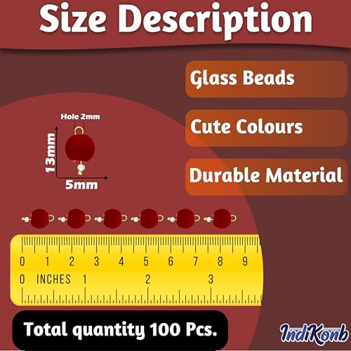 INDIKONB Round Glass Pearl Hanging Beads | Multicolour 8mm Moti Lariya Beads for Blouse Hangings, Embroidery, Saree, Pendant & Necklace Making (Maroon) - Image 2