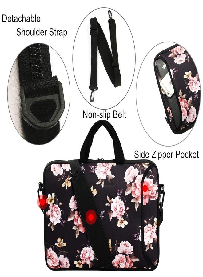 Violet Mist 11 11.6 12 13 Inch Laptop Shouder Messager Bag Cute Floral Patterned Laptop Case Sleeve with Shoulder Handle Pocket Neoprene Carrying Bags for Computer Notebook Tablet, Black Peony - Image 3