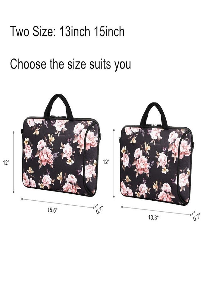 Violet Mist 11 11.6 12 13 Inch Laptop Shouder Messager Bag Cute Floral Patterned Laptop Case Sleeve with Shoulder Handle Pocket Neoprene Carrying Bags for Computer Notebook Tablet, Black Peony - Image 4