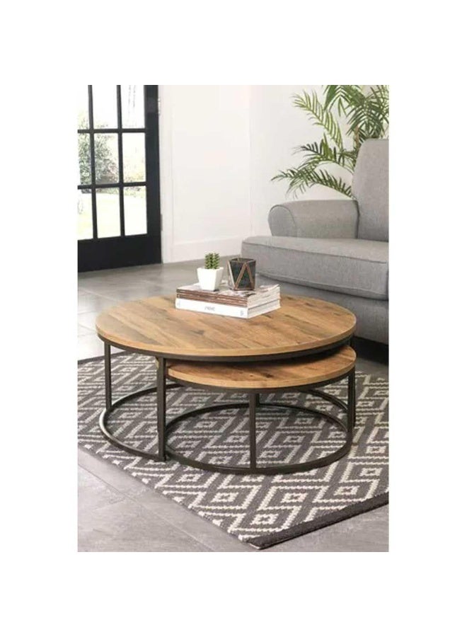 Round coffee table, black steel frame, wooden top, 2 pieces