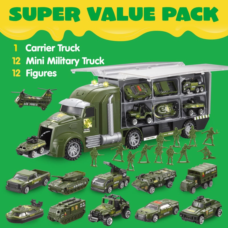 JOYIN 25 in 1 Military Kids Truck Toys for Age 3+, Toddler Boy Toys, Army Men Tanks Set with Soldier Men, Mini Battle Cars in Carrier Truck with Lights and Sounds, Christmas Great Gifts for Grandkids - Image 2