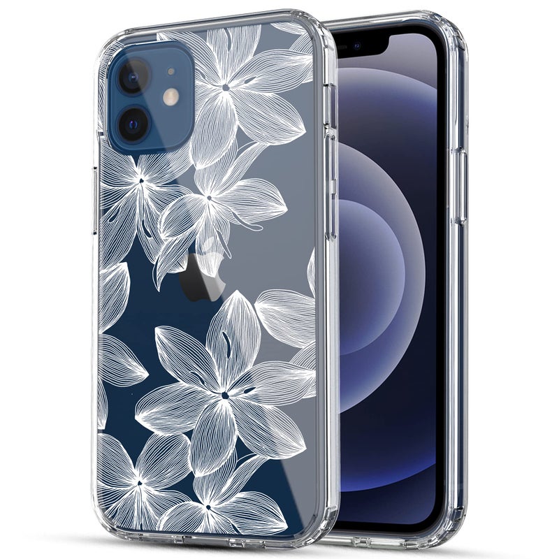 RANZ Compatible with iPhone 12 Case, iPhone 12 Pro Case, Anti-Scratch Shockproof Series Clear Acrylic + TPU Bumper Protective Case for iPhone 12 / iPhone 12 Pro (6.1 inch) - White Flower - Image 1
