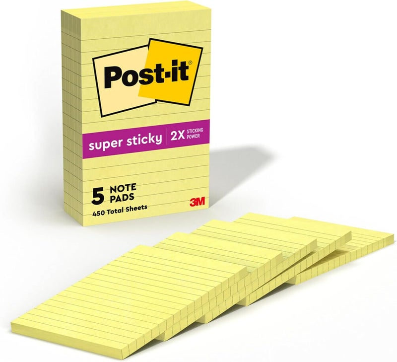 Post It Super Sticky Notes, 4x6 in, 5 Pads, 2X The Sticking Power, Canary Yellow, Recyclable - Image 1