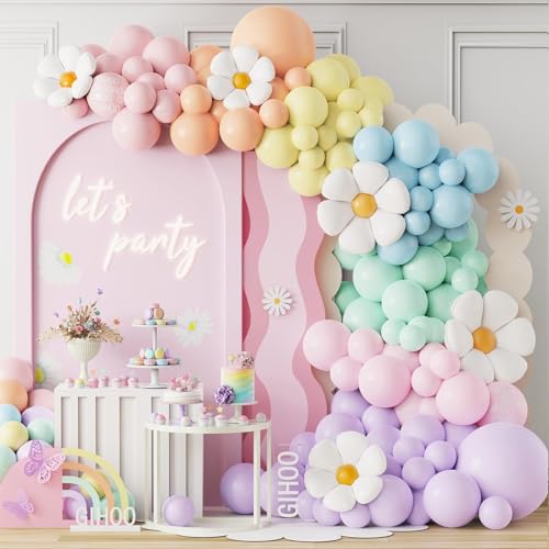 GIHOO Daisy Pastel Balloon Garland Kit 157pcs Pastel Macaron Balloon Arch Kit with Flower Mylar Balloon for Boho Mothers Day Spring Daisy Floral Theme Two Groovy Party Decoration - Image 1