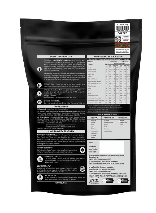 NAKPRO Platinum Whey Protein Isolate 500g Coffee | 28g Protein, 6.4g BCAA | Trustified Certified 100% Authentic Supplement Powder & No Adulteration | Low Carbs, Fast Absorbing Whey Protein Powder - Image 2