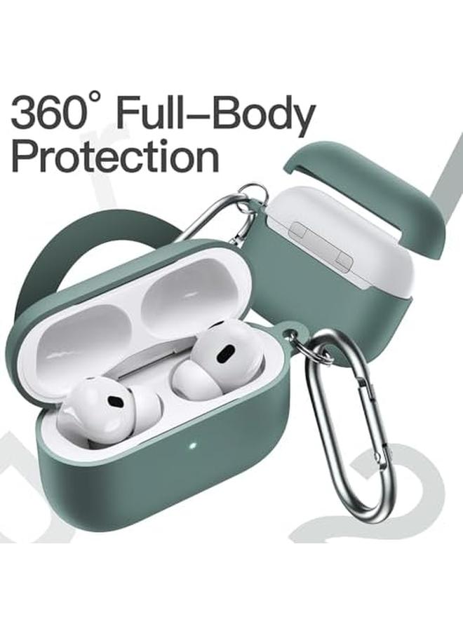 جي تيك غطاء سيليكون مطور لسماعات Airpods Pro الجيل الثاني والأول 2023 2022 2019 مع سلسلة مفاتيح من مادة البولي كربونات الصلبة الداخلية وغطاء حماية مقاوم للصدمات مع إضاءة أمامية LED باللون الأخضر الصنوبري - Image 4