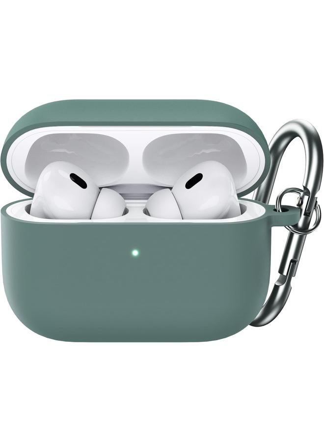 جي تيك غطاء سيليكون مطور لسماعات Airpods Pro الجيل الثاني والأول 2023 2022 2019 مع سلسلة مفاتيح من مادة البولي كربونات الصلبة الداخلية وغطاء حماية مقاوم للصدمات مع إضاءة أمامية LED باللون الأخضر الصنوبري - Image 1