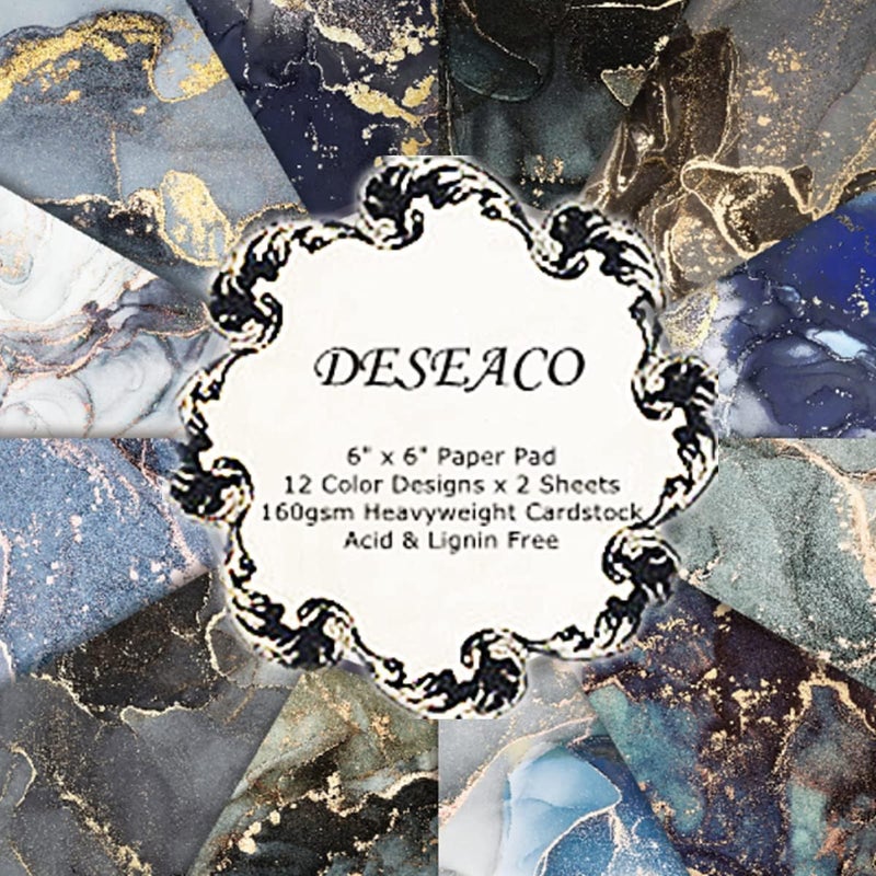 DESEACO Dark Marble Scrapbook Paper Pad 6x6 – Black, Blue, Purple, Gold Designs, Single-Sided Decoupage & Origami Sheets, Moody Cardstock for Scrapbooking, Junk Journals, DIY Crafts – 24 Pcs - Image 1