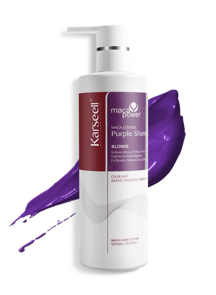 Karseell Maca Power Purple Shampoo Professional Neutralizes Brass & Yellow Tones For Blonde Silver Gray Highlighted Hair 16.90 Oz 500Ml
