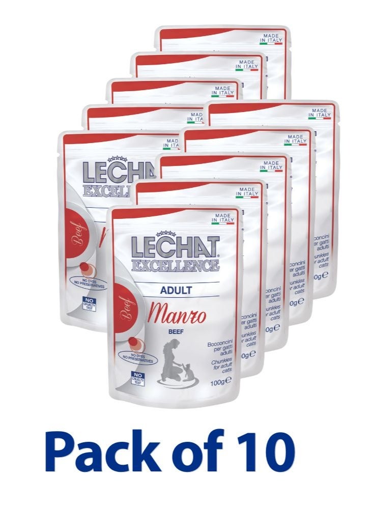 LeChat Excellence by Monge | Adult Wet Cat Food | with Tasty Beef Chunkies Complete Meal| High Protein & Taste | 100g Pouch | Made in Italy | Pack of 10