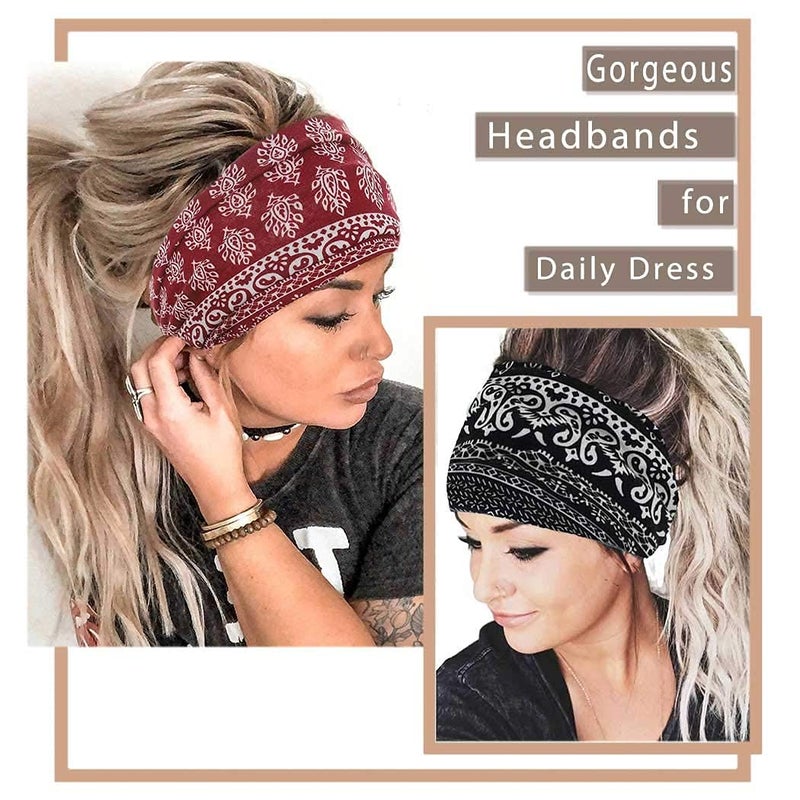 Yeshan Wide Bandana headbands for Women Boho Bandeau Headband Knot Hair Scarf Bands Stretch Floral Printed Non Slip Head bands Elastic Turban Head Wraps Thick African Headband,Pack of 6 - Image 3