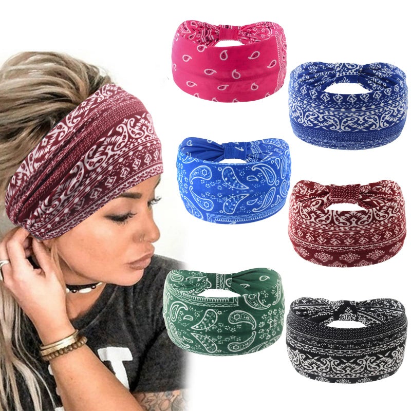 Yeshan Wide Bandana headbands for Women Boho Bandeau Headband Knot Hair Scarf Bands Stretch Floral Printed Non Slip Head bands Elastic Turban Head Wraps Thick African Headband,Pack of 6 - Image 1