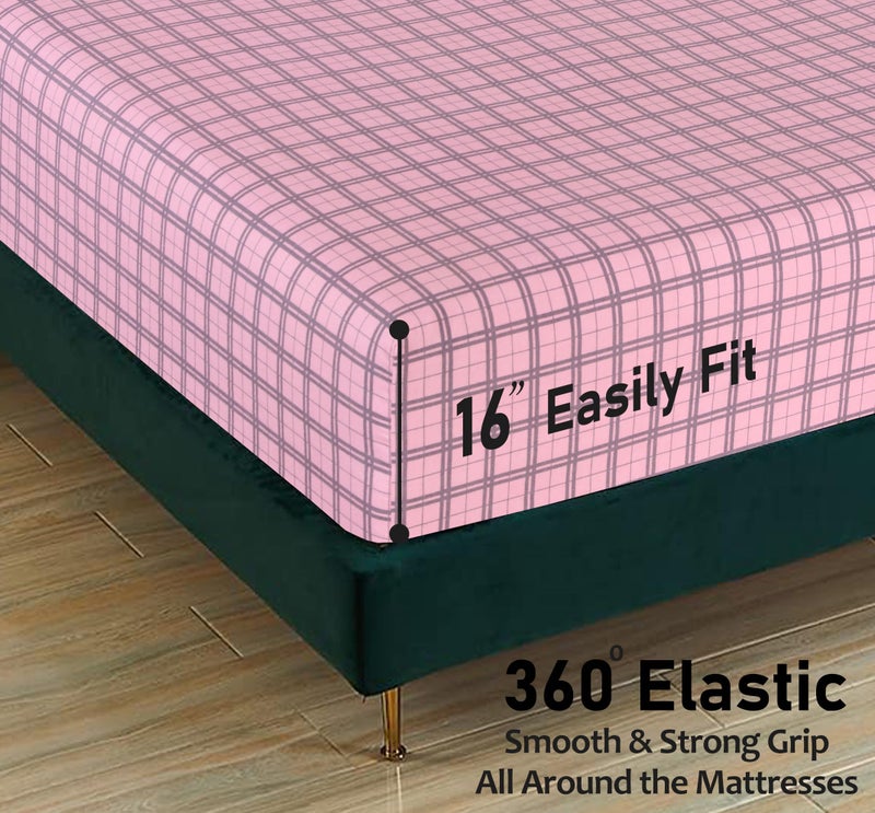 RUVANTI Flannel Sheets Queen Size - 100% Cotton Double Brushed Bed Sheets, Deep Pockets 16 Inches Queen Sheet Set, All Seasons Breathable & Extra Soft - Warm & Cozy, 4 Piece, Check & Bolt Pink - Image 4