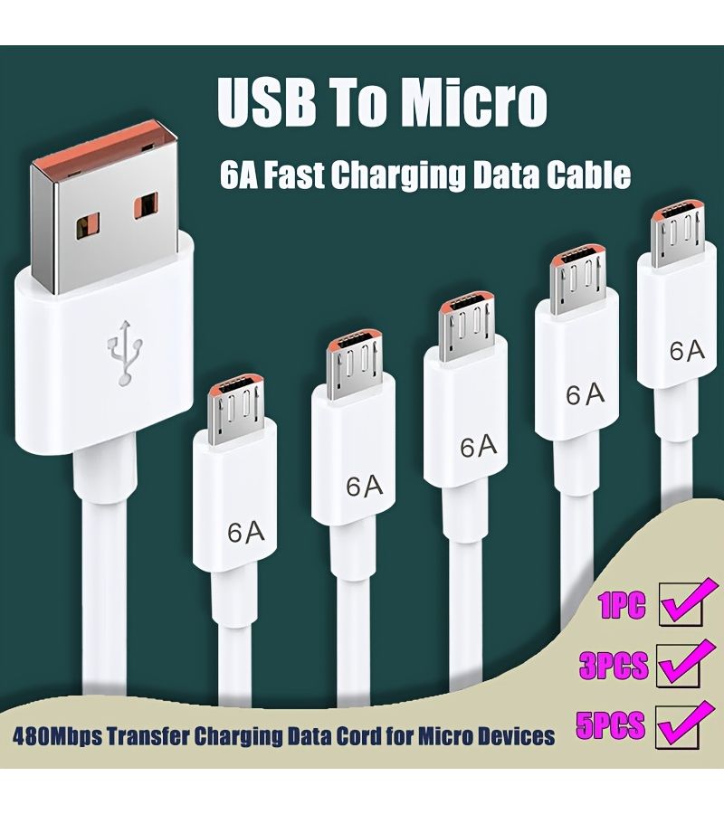 كابل نقل بيانات الشحن USB إلى Micro بطول 1.5 متر، قطعة واحدة، سريع 6A، 480Mbps - Image 1