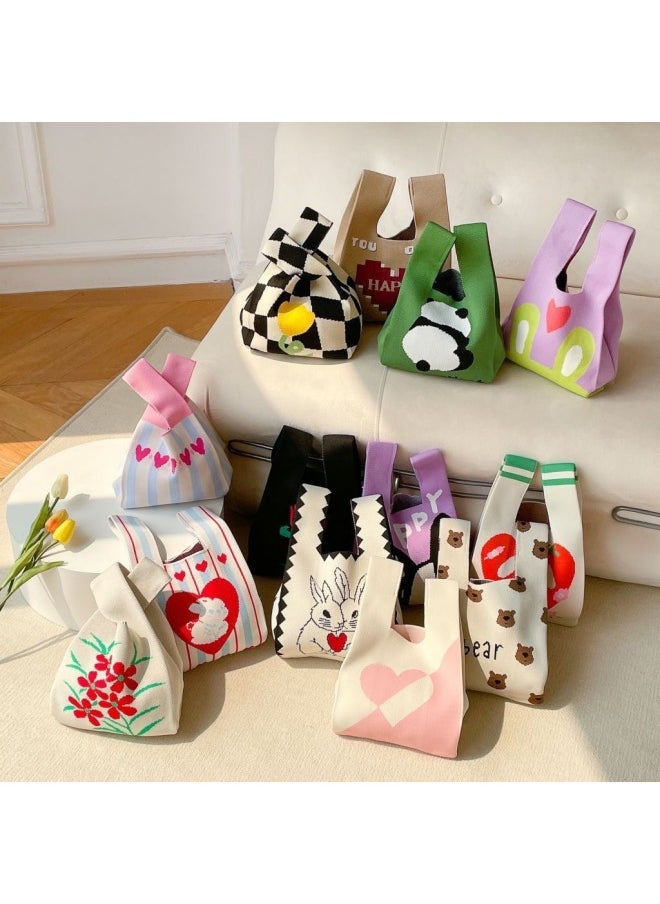 Generic - South Korea Ins Knitted Bag Girl's Vesel Bag Small Square Bag Year Knitted Bag Hand Bag Knitted Bag Crossbody-Color:Handbag Four Little Bears [black] - Image 1