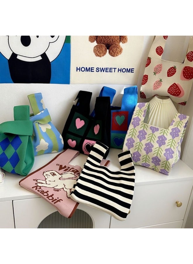 Generic - South Korea Ins Knitted Bag Girl's Vesel Bag Small Square Bag Year Knitted Bag Hand Bag Knitted Bag Crossbody-Color:Handbag Four Little Bears [black] - Image 1