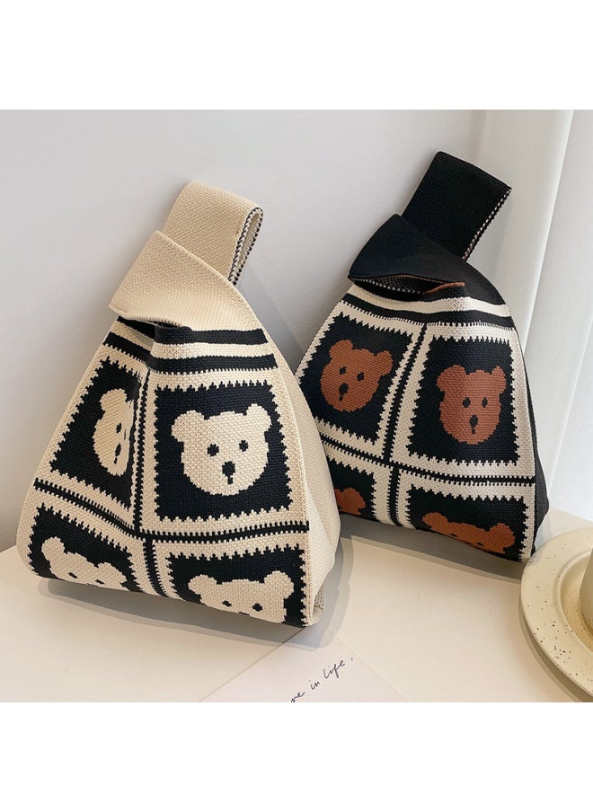 Generic - South Korea Ins Knitted Bag Girl's Vesel Bag Small Square Bag Year Knitted Bag Hand Bag Knitted Bag Crossbody-Color:Handbag Four Little Bears [black] - Image 1