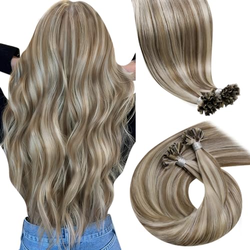 LaaVoo K Tip Hair Extensions Real Human Hair Highlight Brown Utip Hair Extensions Human Hair Light Brown and Golden Blonde Ktip Human Hair Extensions Short Straight 50s 50g 14 inch - Image 1