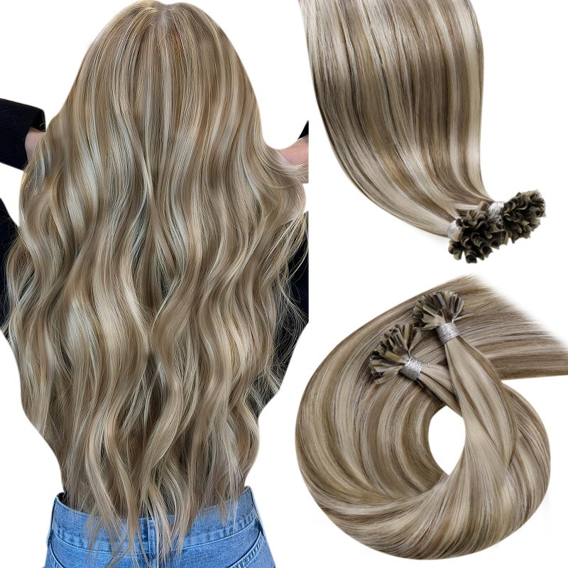 LaaVoo K Tip Hair Extensions Real Human Hair Highlight Brown Utip Hair Extensions Human Hair Light Brown and Golden Blonde Ktip Human Hair Extensions Short Straight 50s 50g 14 inch - Image 3