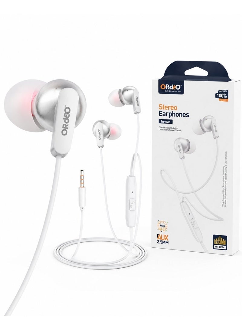 ORdEo Germany OR-HF24 Stereo In-Ear Wired Earphones with Mic, 3.5mm AUX Jack - White/Silver - Image 2
