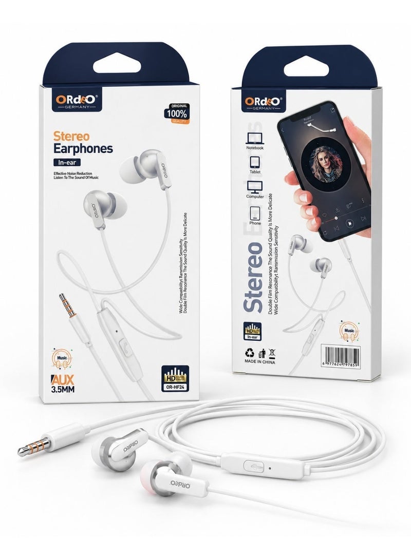 ORdEo Germany OR-HF24 Stereo In-Ear Wired Earphones with Mic, 3.5mm AUX Jack - White/Silver - Image 4