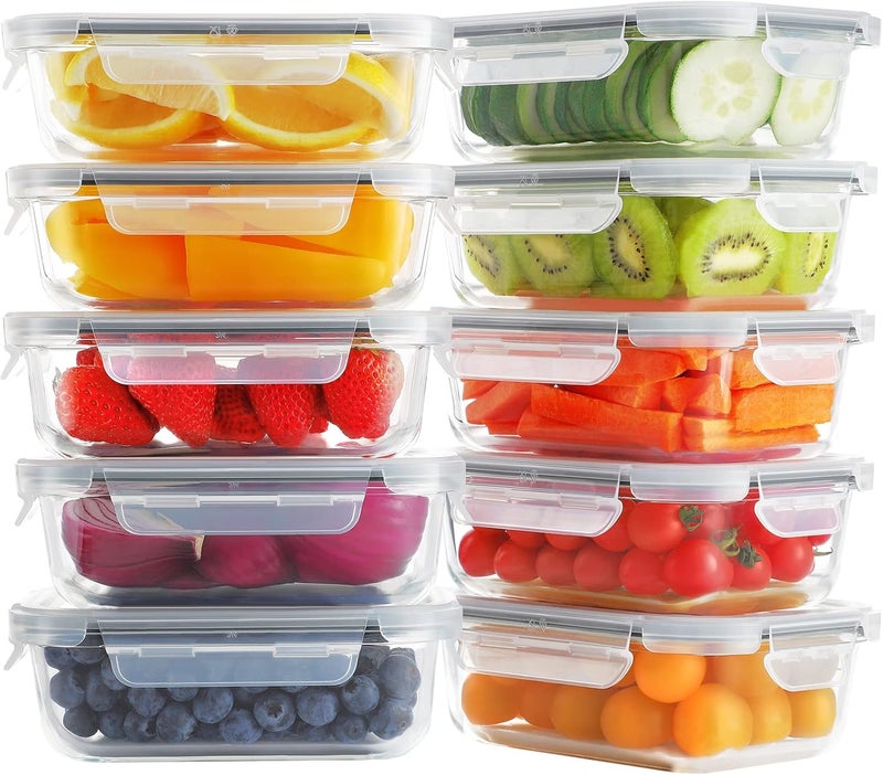 Bayco 10 Pack Glass Meal Prep Containers with 10 lids, Airtight Lunch Bento Boxes for Food Storage, BPA-Free & Leak Proof - Grey - Image 1