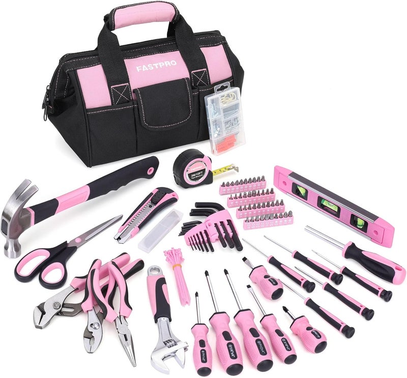 FASTPRO Pink Tool Set, 220-Piece Lady's Home Repairing Tool Kit with 12-Inch Wide Mouth Open Storage Tool Bag - Image 1